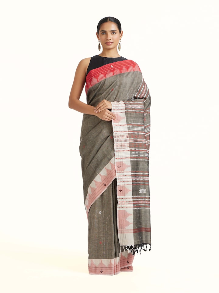 Front view of Brown Cotton Tussar Silk Kotpad Saree showcasing its traditional craftsmanship and design