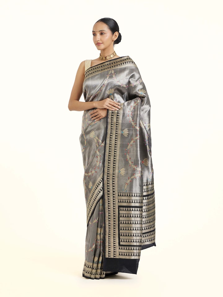 Side view of Black Banarasi Brocade Silk Saree highlighting the detailed craftsmanship and elegant silhouette