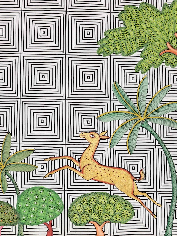Close-up detail of the Deer Forest Geometric Illusion Pichwai Painting