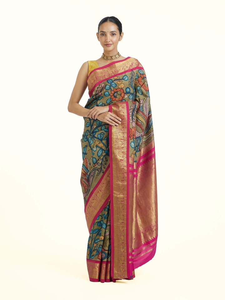 Front view of Maroon Kalamkari Kancheepuram Saree showcasing its traditional craftsmanship and design