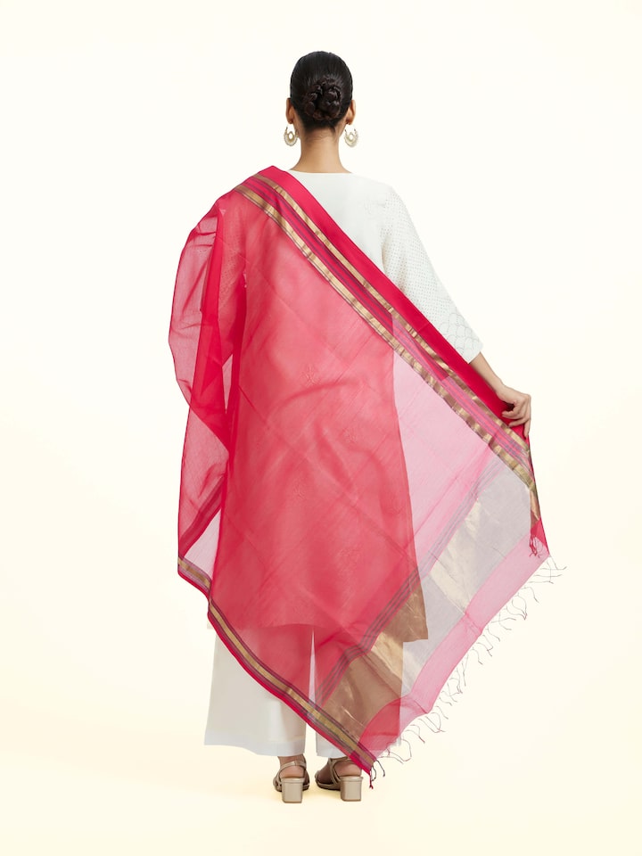 Back view of the Red Cotton Silk Maheshwari Zari Border Dupatta