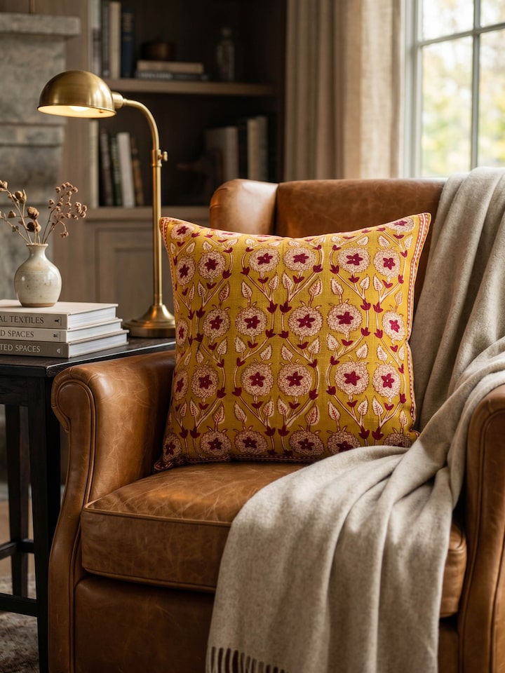 Lifestyle view of the Marigold Hand Block Dabu With Embroidery Floral Lumbar Cushion