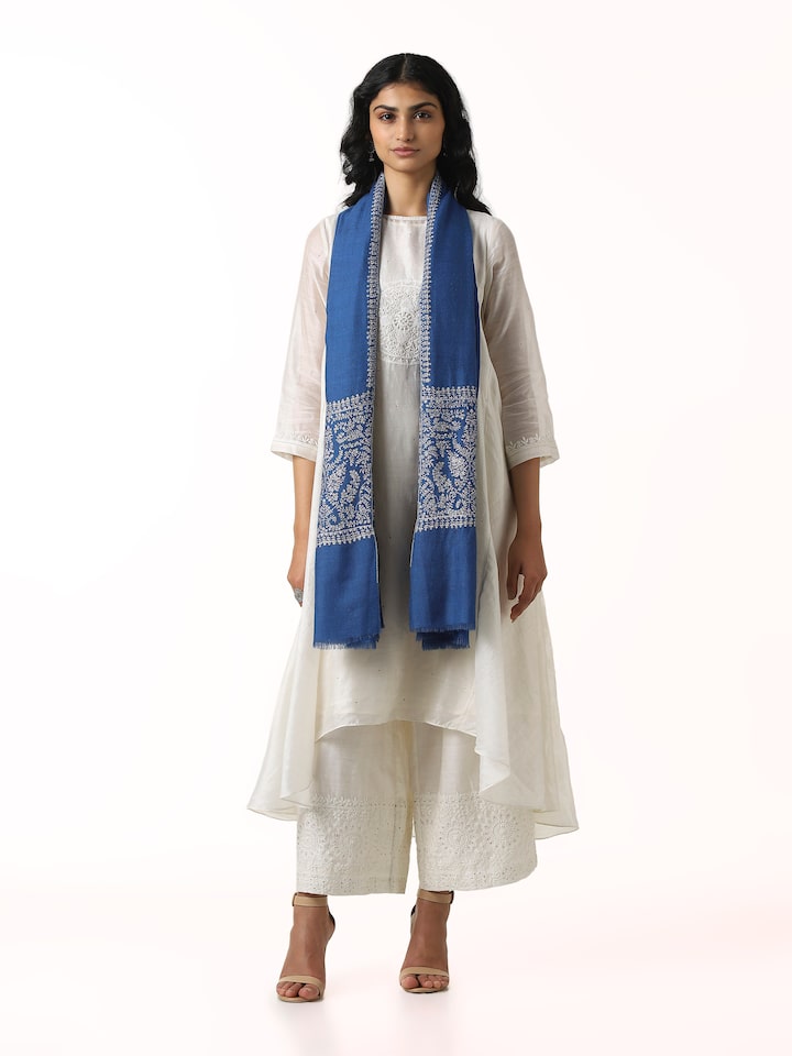 Front view of blue Palledar Sozni embroidered shawl with intricate hand embroidery