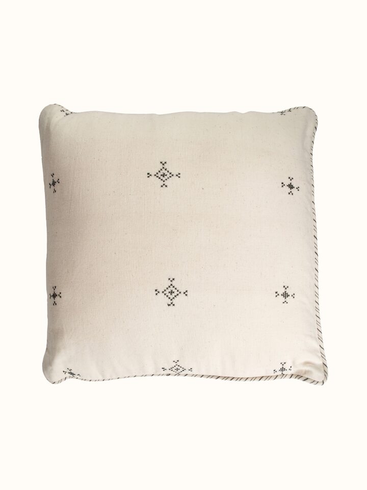 Folk geo hand embroidered buti cushion cover with multicolor stitching, front view