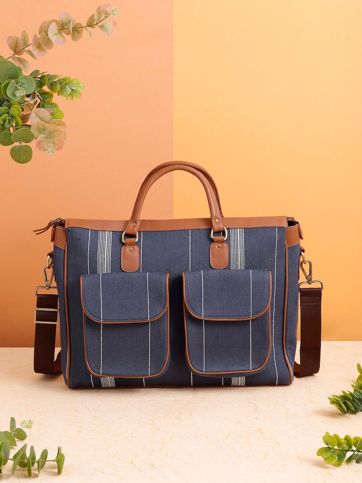 Side view of Blue Handloom Cotton Business Bag highlighting the detailed design and fabric quality