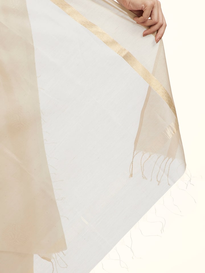 Draped detail view of the Beige Cotton Silk Maheshwari Zari Border Dupatta
