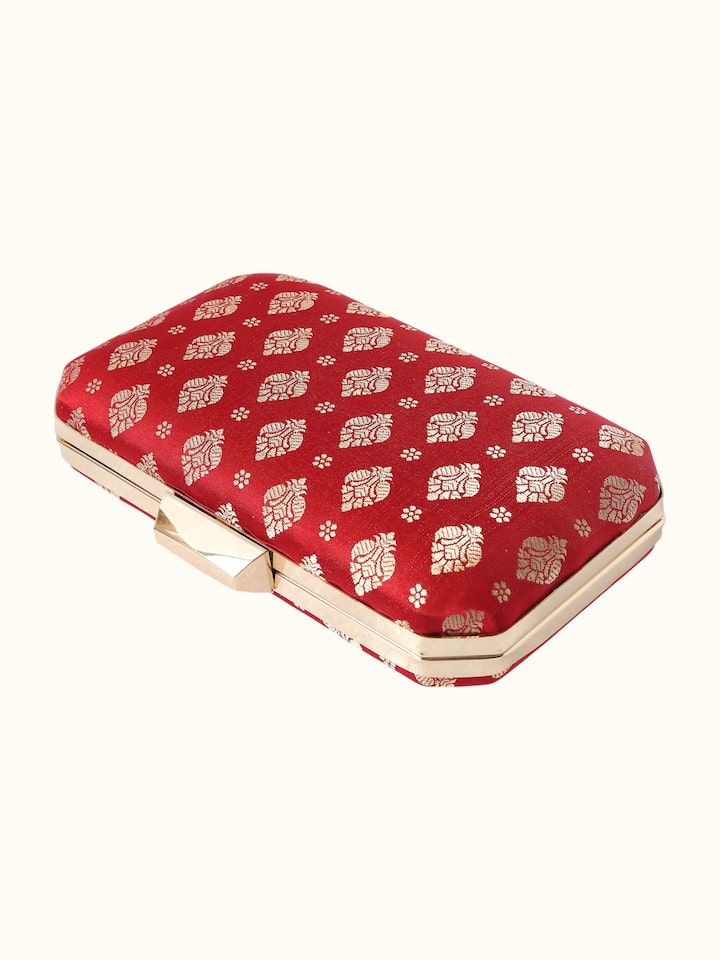 Close-up view of Maroon Banarasi Silk Box Clutch highlighting the fabric weave and craftsmanship