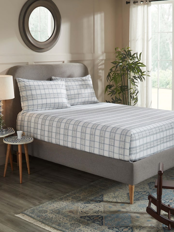 Orion Cotton Sanganeri Hand Block Print Checks Queen-size Bedsheet Set