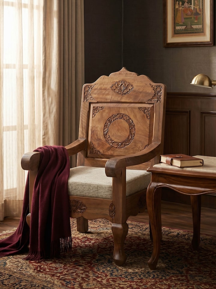 Handloom Fabric Upholstered Carved Walnut Wood Armchair