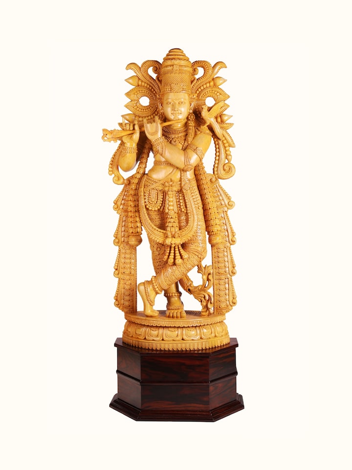 Front view of the Wood Carved Krishna Idol