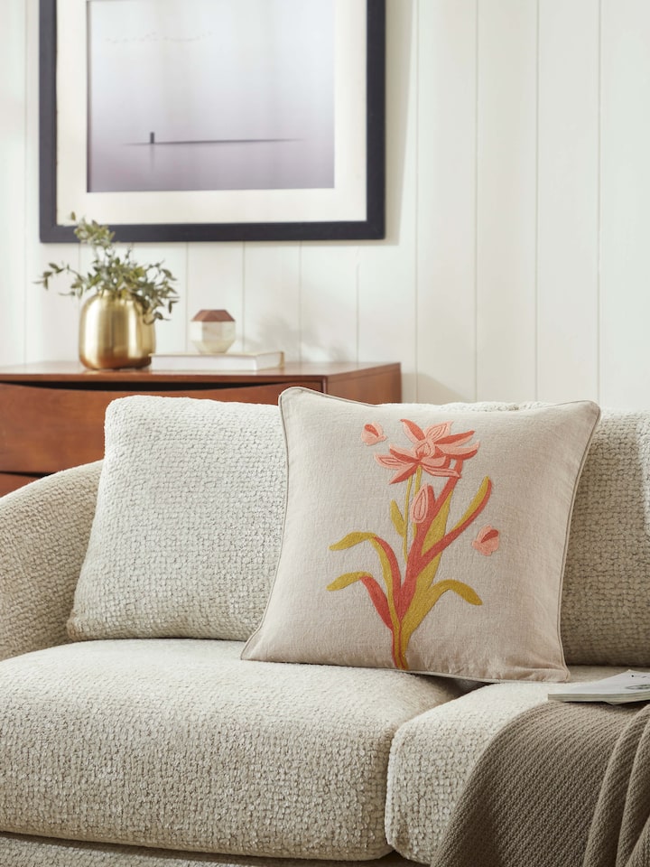 Mansur Peach Tulip Linen Kashmir Chain Stitch Hand Embroidery Cushion Cover