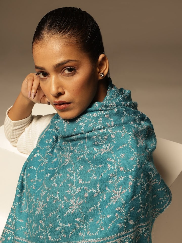 Styled detail view of Falak Pashmina Sozni Embroidered Stole showing another styled drape angle