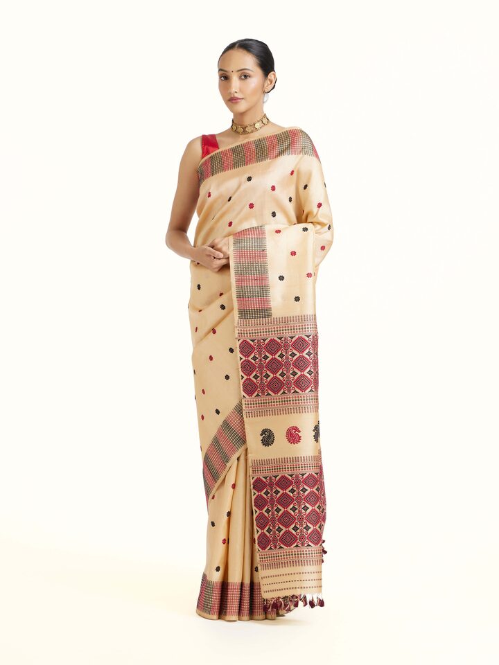 Side view of Beige Tussar Silk Saree highlighting the woven border detailing