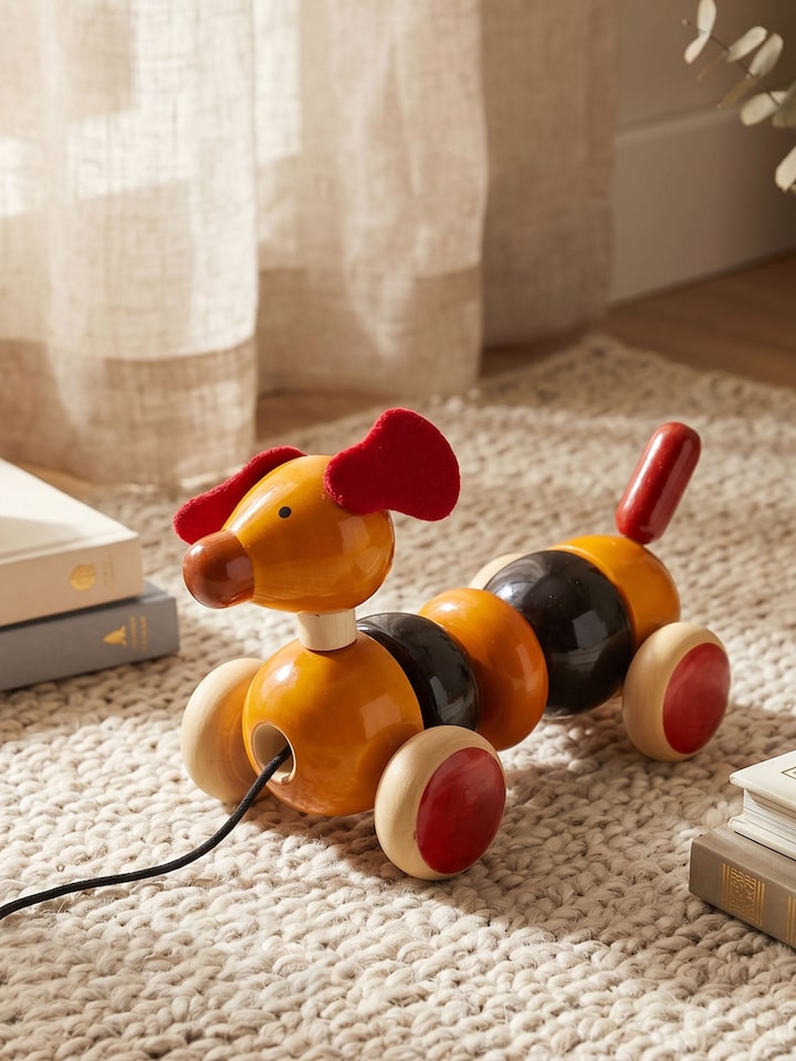 Styled view of Channapatna Wooden Bovow Toy styled in a home setting