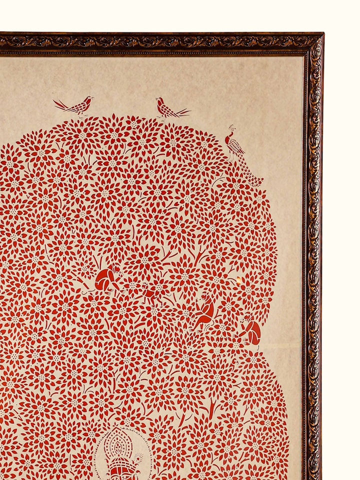 Close-up detail of the Sanjhi Paper Stencil Kalpavriksha with Krishna Wall Art