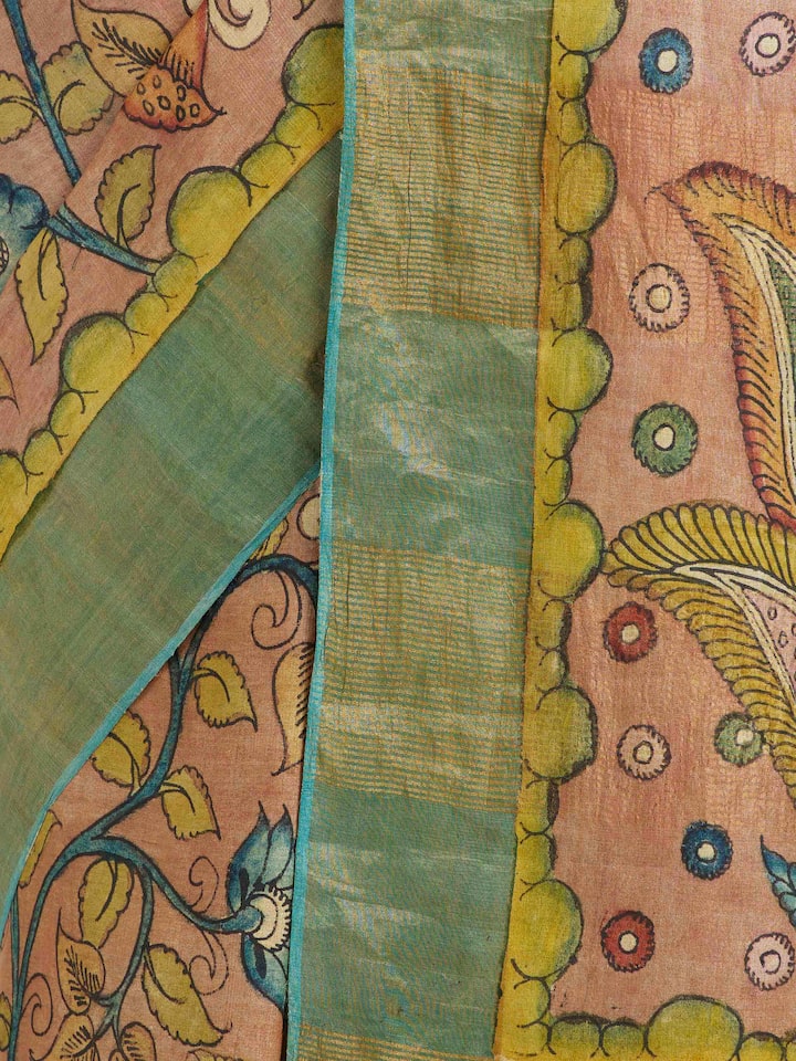 Detail view of Tussar Silk Kalamkari Saree highlighting the intricate weave pattern