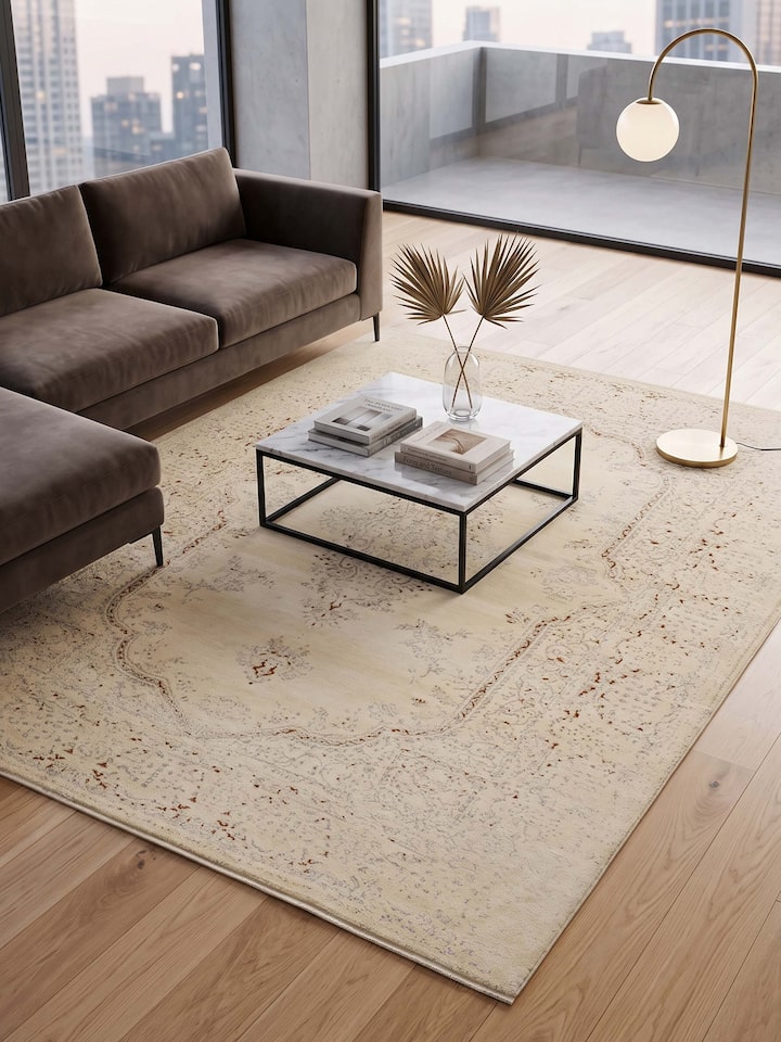 Styled view of Transitional Persian Ivory Bhadohi Wool & Bamboo Silk Hand Knotted Rug styled in a room setting