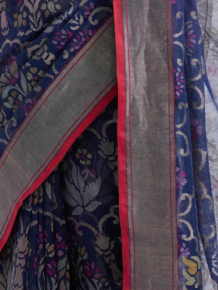 Draped detail view of the Blue Cotton Awadh Jamdani Saree