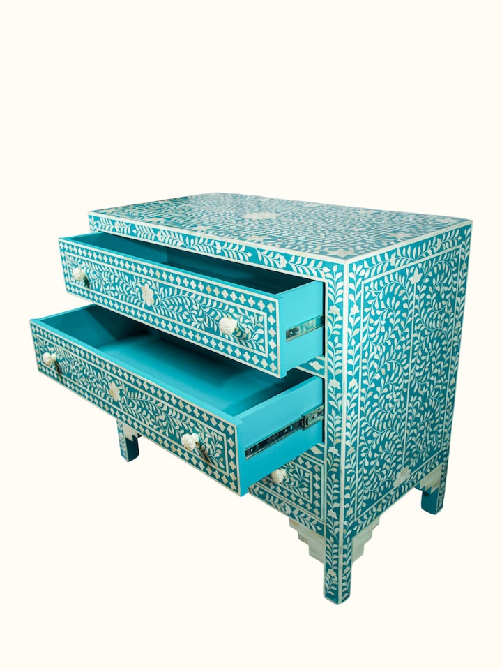Close-up view of Bone Inlay Chest of Drawers highlighting the inlay work and craftsmanship detail, from a different angle
