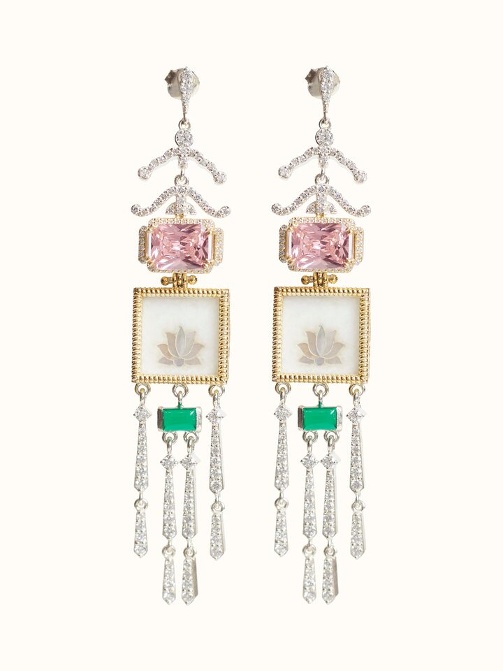 front view of parchinkari silver drop earrings with intricate inlay work