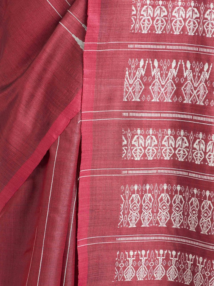 Draped detail view of the Maroon Tussar Silk Odisha Ikat Saree