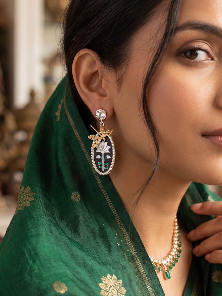 Lifestyle view of the Parchinkari Silver Drop Earrings