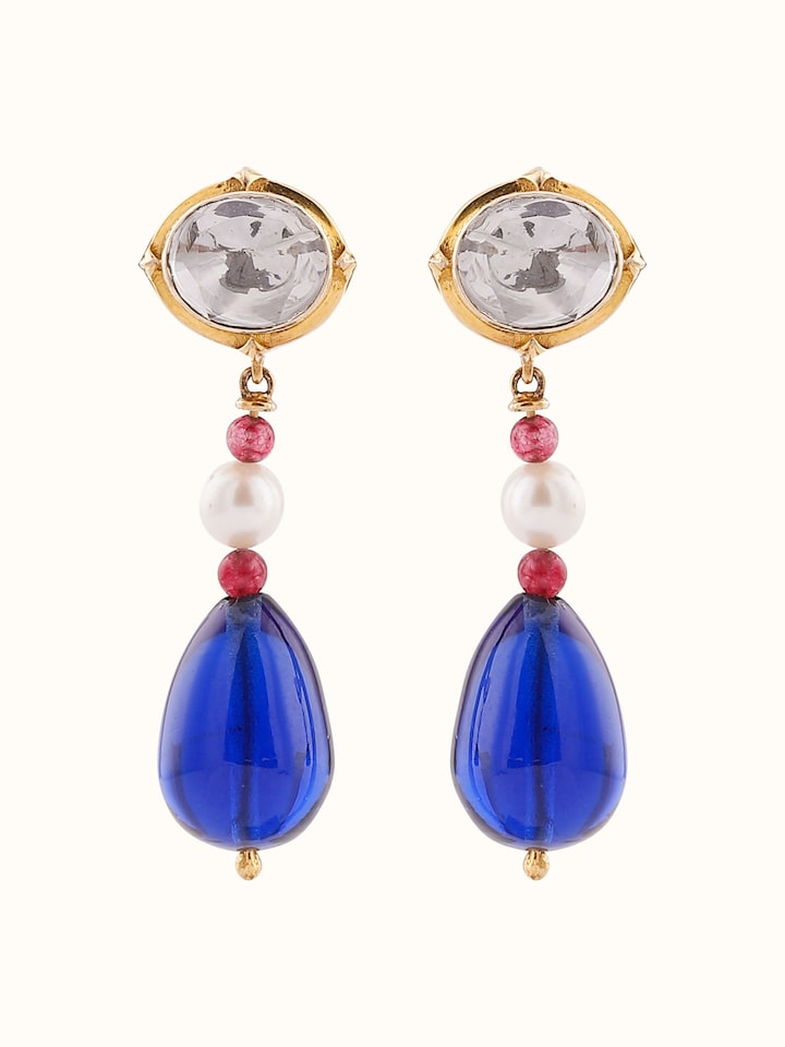 Front view of Dank Polki Gold Drop Earrings featuring hand-set Polki stones and a traditional crescent drop silhouette.