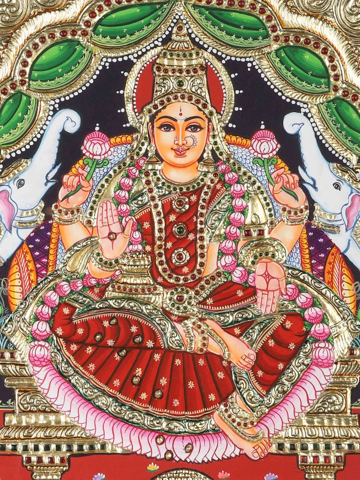 Close-up detail of the Gaja Lakshmi Thanjavur Painting