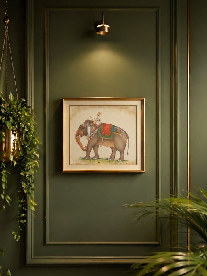 Side view of the Elephant with Mahawat Miniature Painting