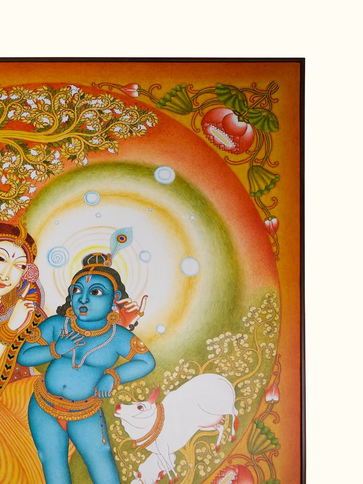 Detail view of Yashoda Krishna Kerala Mural Painting highlighting the intricate linework and detail, from a different angle