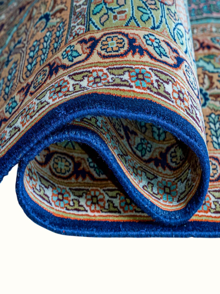 Close-up of the Traditional Persian Rust Hamadan Kashmir Silk Hand-Knotted Carpet