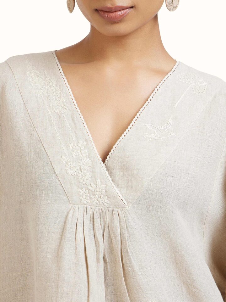 Detail view of Natural Chikankari Linen Top highlighting the embroidery and stitch detail