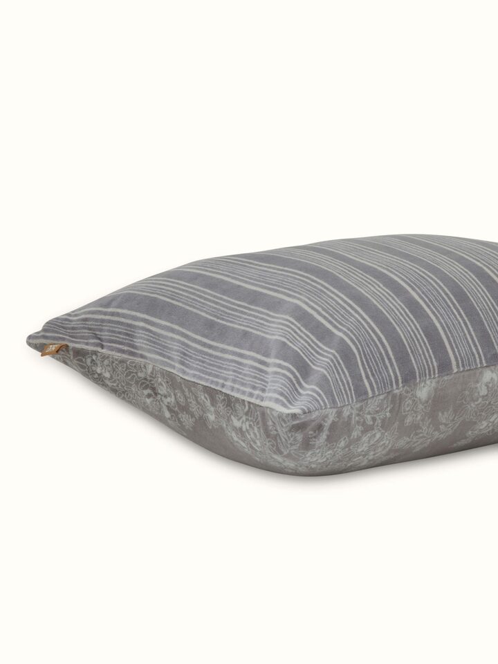 Shivranjini Grey Floral Cotton Velvet Sanganeri Hand Block Printed Lumbar Cushion Cover