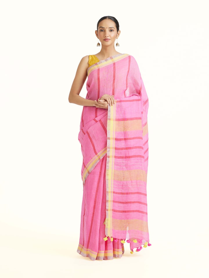 Front view of the Pink Linen Striped Saree