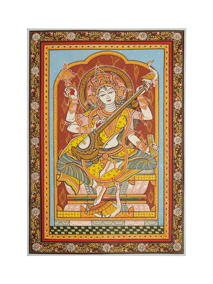 Front view of the Saraswati Canvas Patachitra Painting