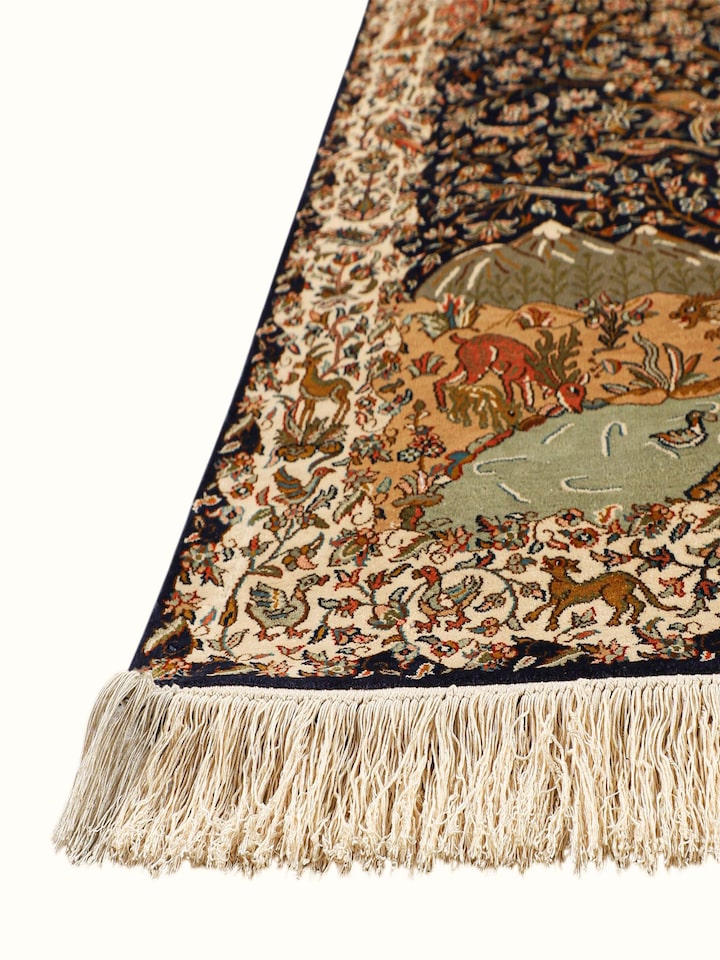 Top view of the Traditional Persian Navy Rust Tree of Life Kashmir Silk Hand-Knotted Carpet