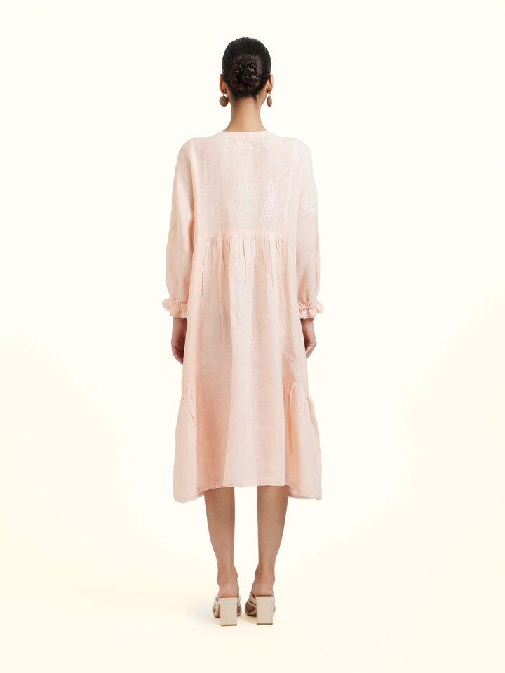 Back view of Peach Linen Chikankari Dress showing the back design