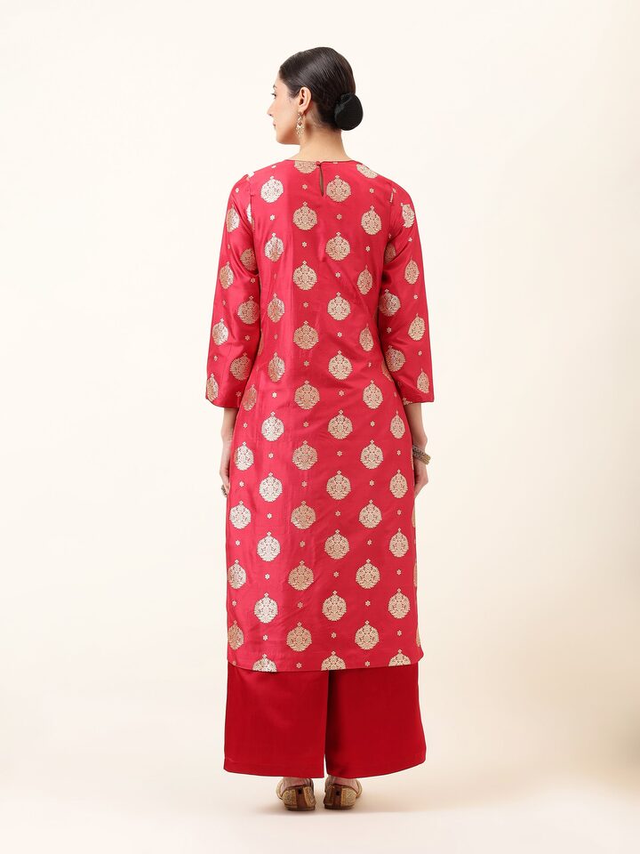 Back view of maroon silk Banarasi kurta revealing full fabric and design details