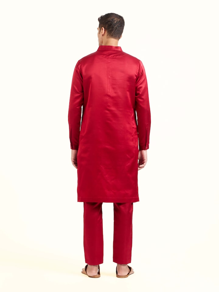 Back view of maroon katan silk Banarasi long kurta churidar set showing complete design