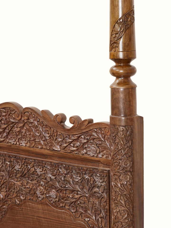 Front view of Carved Walnut Wood Poster Bed showing the front design and silhouette, with a slightly different focus area