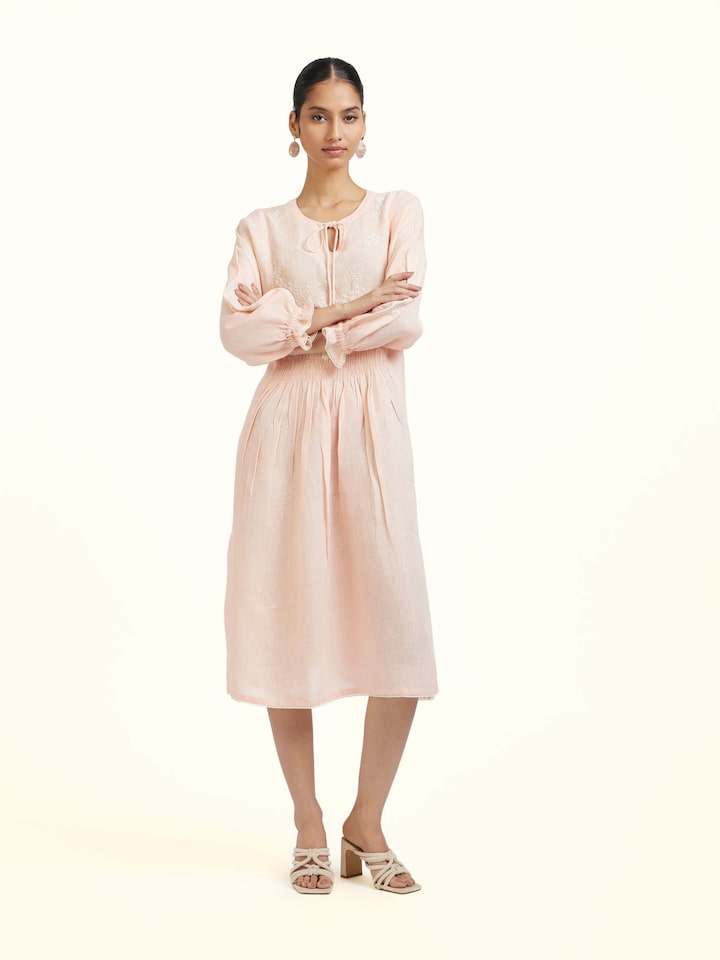 Front view of Peach Linen Chikankari Dress showing the front silhouette and design