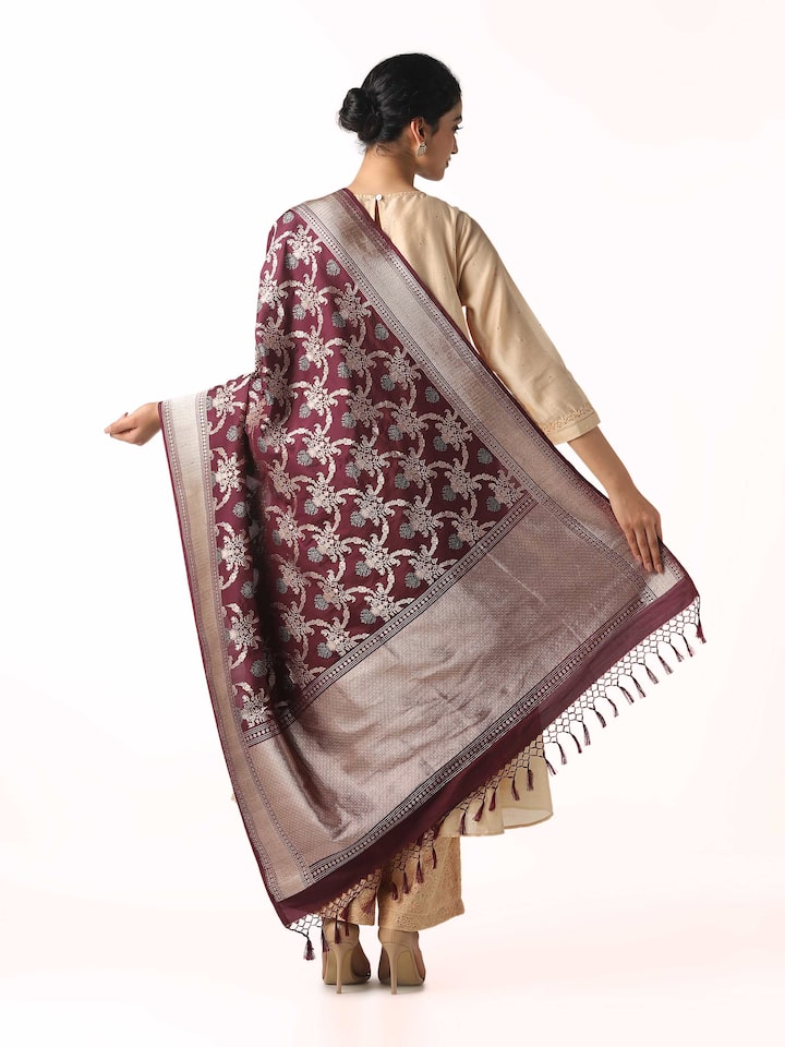 Back view of brown silk Banarasi dupatta showing full design layout