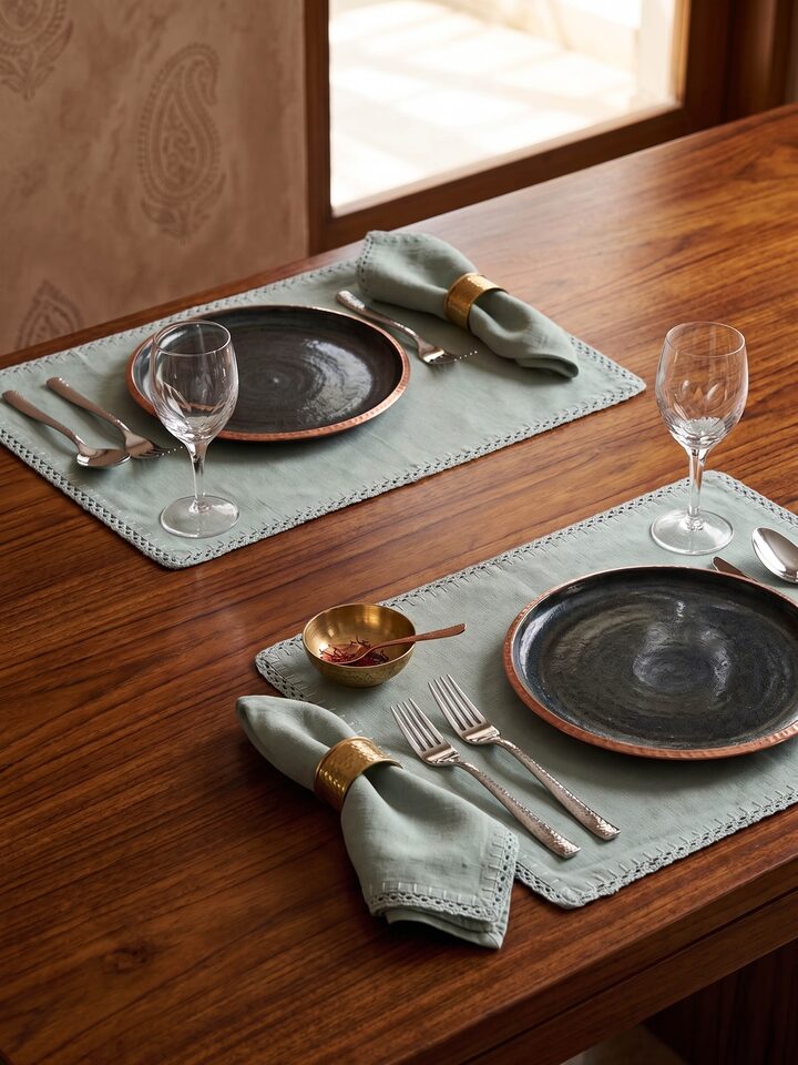 Styled view of Nityam Beige Cotton Slub Crochet Table Mat Set Of 2 styled on a table or bed setting