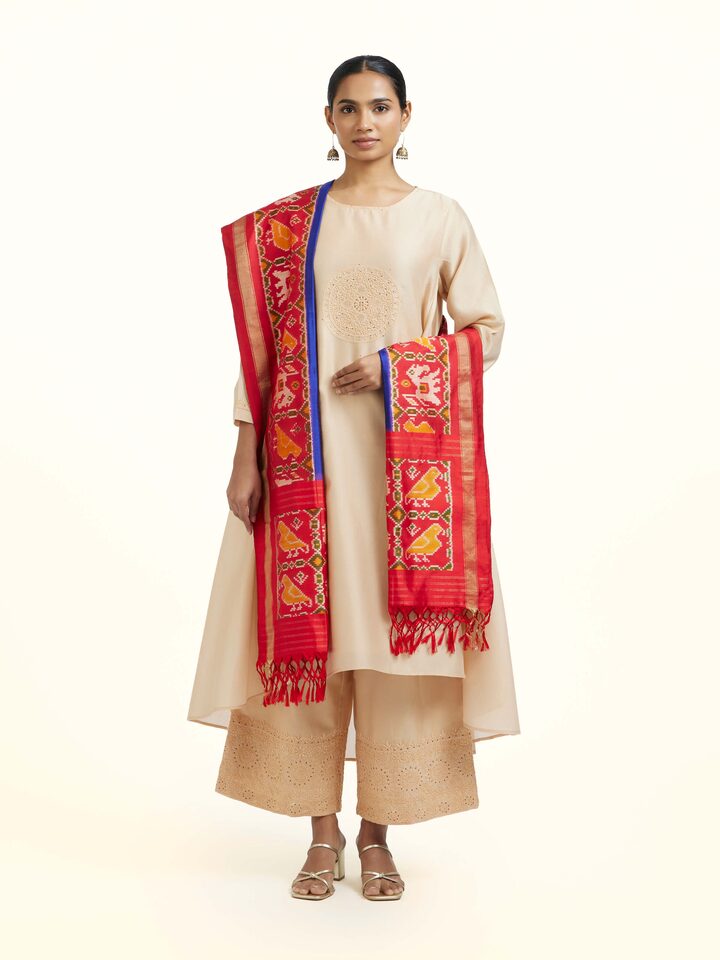 Front view of the Blue Silk Pochampally Weft Ikat Dupatta