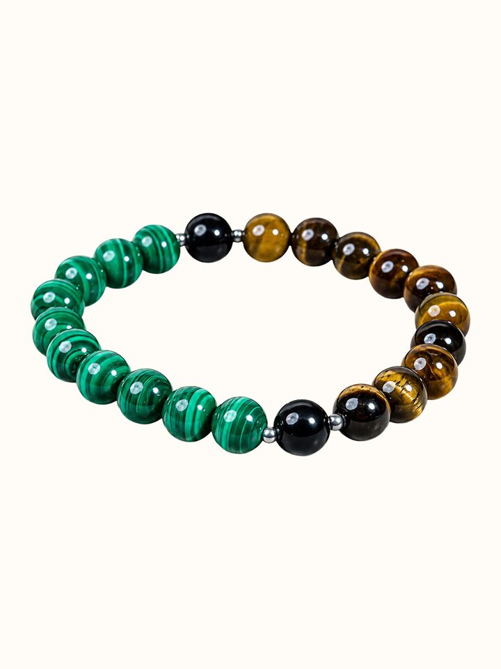 Close-up view of Gemstone Tiger Eye, Black Onyx & Malachite Bead Silver Bracelet highlighting the stone setting and metalwork detail
