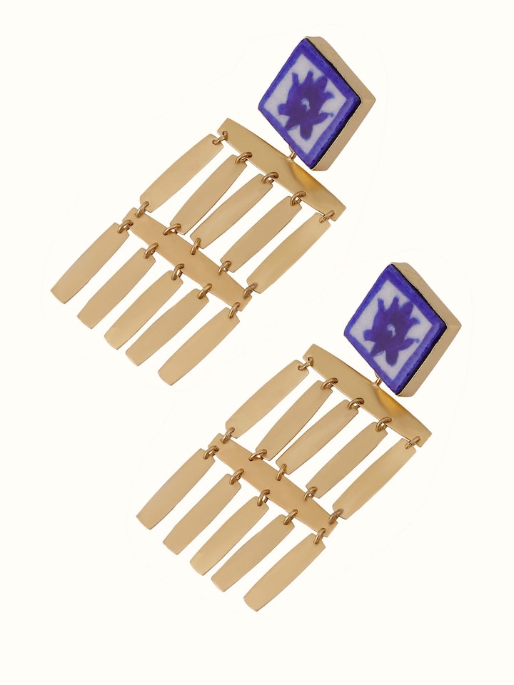 Angled view of Blue Pottery Drop Earrings showcasing the elegant blue pottery and detailed craftsmanship