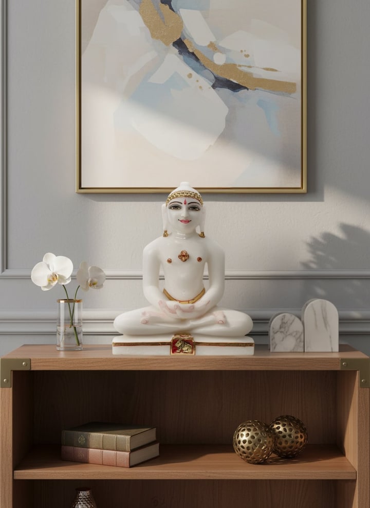 Front view of Carved Marble Mahavir Idol
