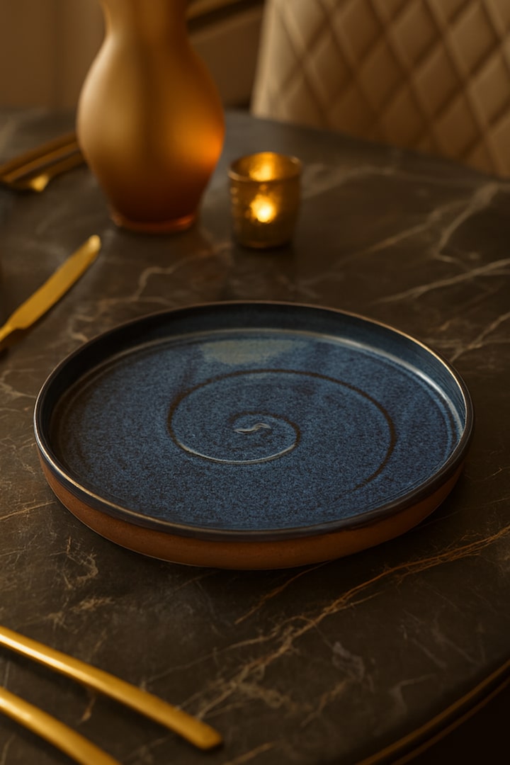 Studio pottery blue ceramic dessert plate with handcrafted glazed finish