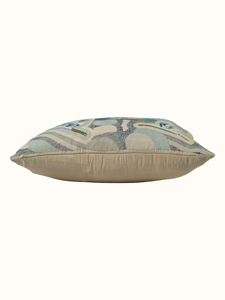 Lifestyle view of the Bageecha Hand Embroidery Kantha Flying Bird Cushion Cover