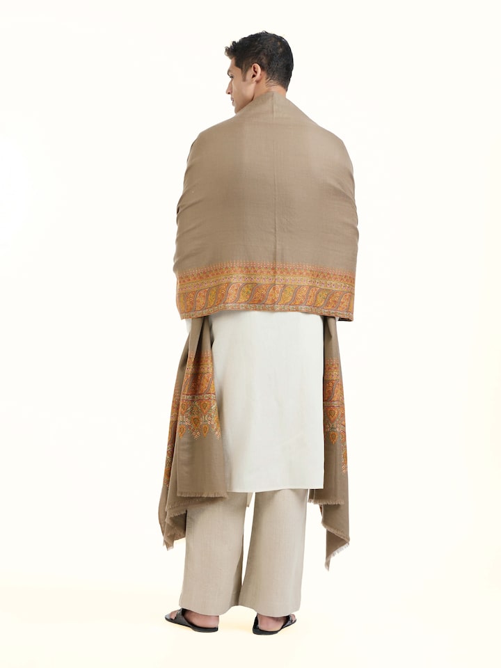 Back view of Charcoal Sozni Hand Embroidered Shawl emphasizing the overall design and fine details